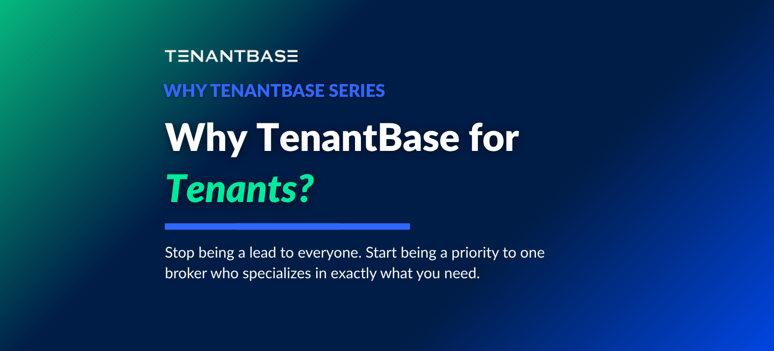 Why TenantBase for Tenants? Blog post hero image with navy and blue gradient background and mint green accent text.